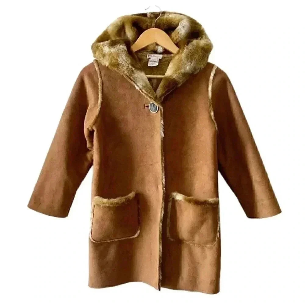 Floriane Coat Faux Suede Faux Fur Winter Pea Coat Hood Tan Brown Girls Size 8